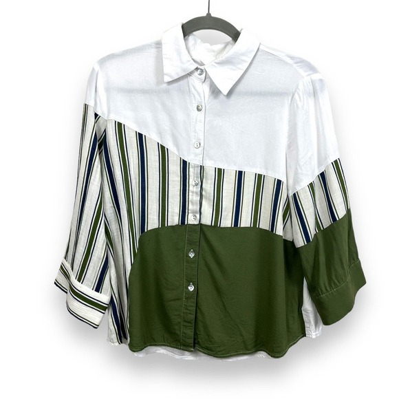 BESS Womens Top XL White Green Linen Blend 3/4 Sleeve Boxy Fit Button Down - Picture 1 of 11
